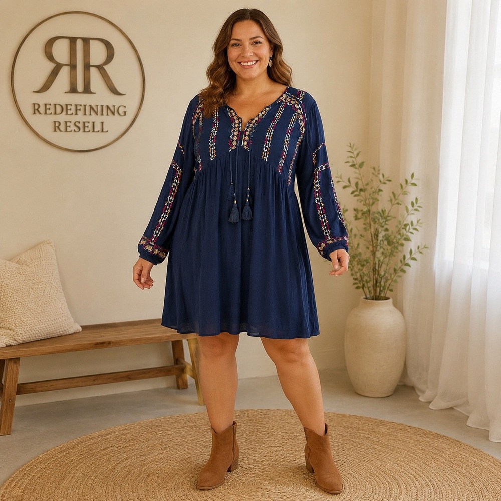 Nurture by Westbound Navy Blue Embroidered Babydoll Dress XL Boho Tassel Rayon